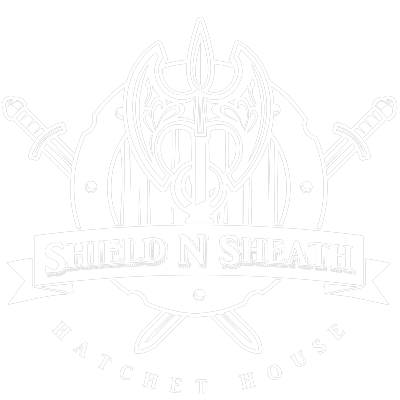 Shield N Sheath Hatchet House logo in white on orange background